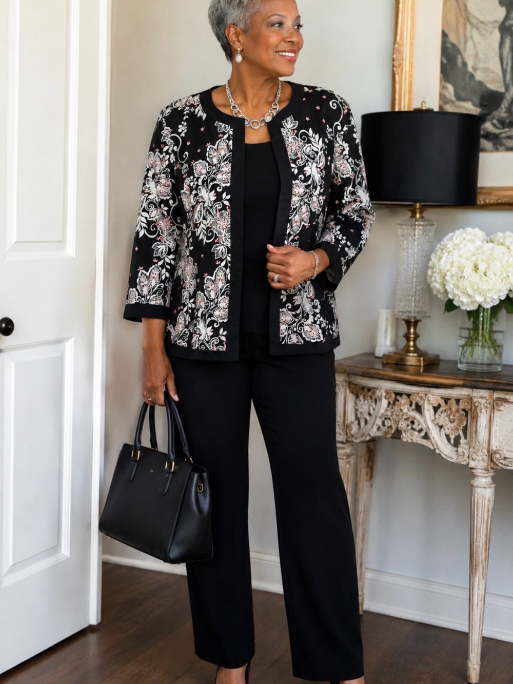 Cottagecore ChicDress Barn Black Wide-Leg Pants w/Floral Print Jacket SZ 18-20